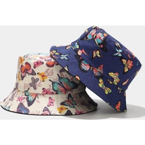 Women 2020 Bucket Hats Double Sided Wearing Men Women Foldable Butterfly Printing Fisherman Hat Reversible Sun Hat Bucket Caps