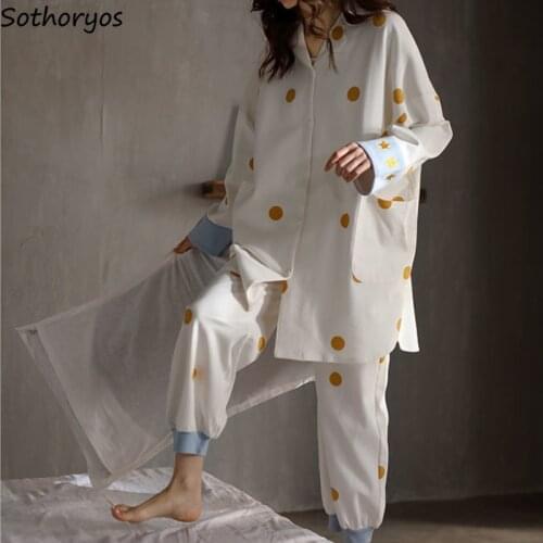 Pajama Sets Women Long Sleeve Loose V-neck Spring Autumn Fashion Printed Sleepwear Korean Style Button Up High Quality Soft Chic