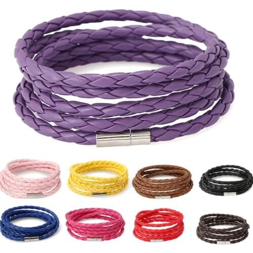 Simple Handmade Boho Hippie Black Brown Red Royal Blue Hot Pink Yellow Braid Macrame Leather Easy Lock Unisex Layered Bracelets