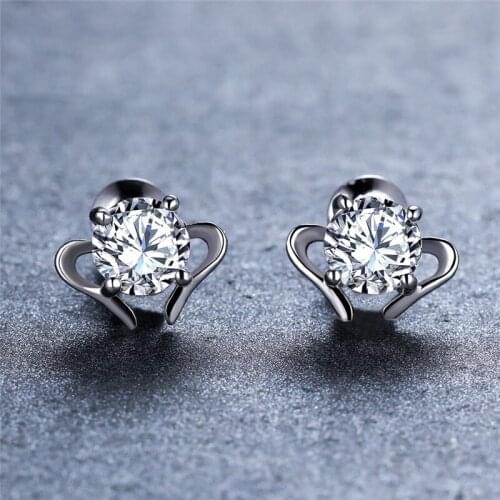 Luxury Crystal Stone Heart Earrings White Zircon Round Small Stud Earrings For Women Wedding Jewelry Charm Female Dainty Earring