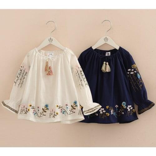 2020 Spring Autumn 2-10 Years Cotton Navy Blue White Long Flare Trumpet Sleeve Embroidery Baby Kids Girls Tassels Blouses Shirt