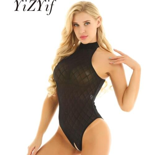 Plus Size Black Sexy Bodysuit Woman Geometric Sheer Mesh Open Crotch Leotard Sleeveless Bodysuits Female Clothing Club Body Tops