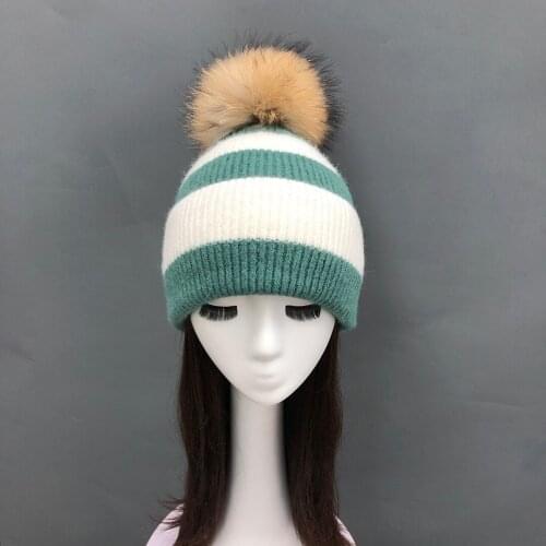 Fur Pom Pom Hat Fashion Strip Knitted Beanie Hat Women Warm Outdoor Skullcap Ski Winter Cap 2021 New Arrival