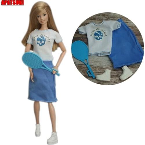 Blue Tennis Player Cosplay Costume Outfits For Barbie Doll Clothes Set For Barbie Shirt Skirt Shoes Racket Toys 1/6 Accessories