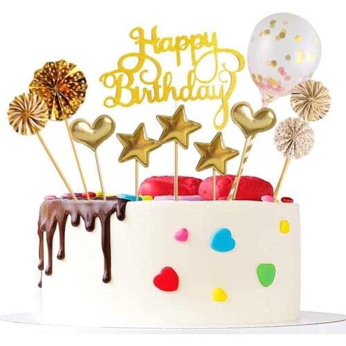 16pcs Cake Decorations Balloons Fans Stars Hearts Happy Birthday Cake Toppers for Happy Birthday Party Dessert Cupcake Decor