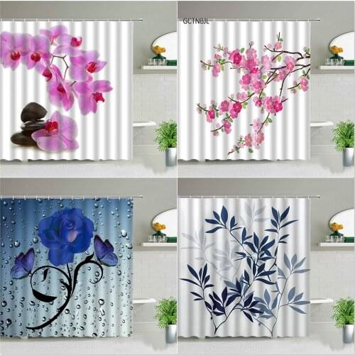 Pink Flowers Shower Curtains Blue Rose Green Leaf Bathroom Curtain Set Backdrop Wall Decor Waterproof Bathtub Screens With Hooks