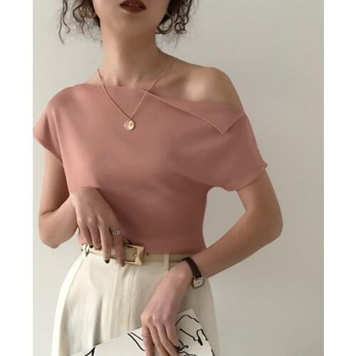 Plain Slash Neck Slim Short Sleeve Women T-Shirts Sexy Summer Solid Thin Knitted Off Shoulder Top