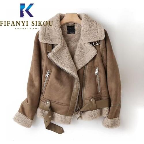 2021 Winter Women Suede Leather Jacket Lapel Zipper Fashion Motorcycle Short Coat Thick Warm Loose Faux Lambswool Jackets Female