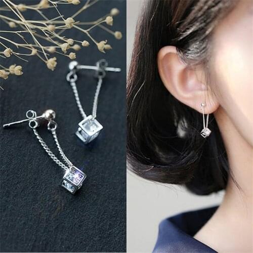 925 Sterling Silver Tassel Crystal Square Bead Stud Earrings for Women Wedding Party Femme Jewelry Accessories pendientes eh1319