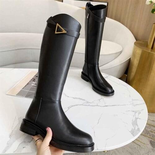 Winter Women Long Boots Black Genuine Leather High Quality With Metal Decroation Motrocycle Round Toe Ladies Shoes Scarpe Donna