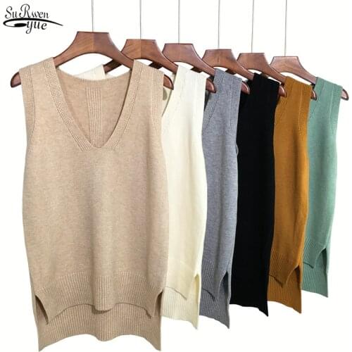 V-Neck Casual Winter Jumper New Autumn Pullover Sweater Vest Women Loose Sweater Vests Sleeveless Solid Knitted Vest Women 11983