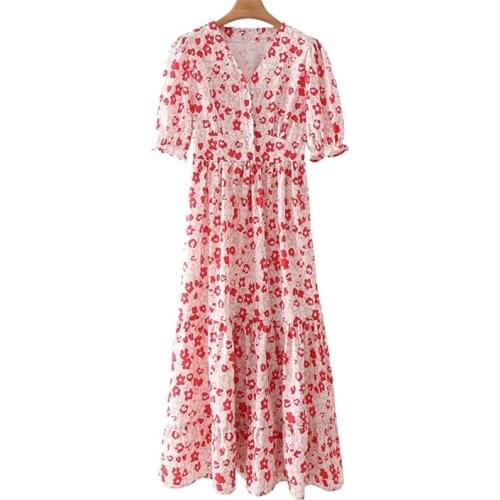 2021 New Women Chic Fashion Floral Print Ruffled Midi Dress Vintage V Neck Short Sleeve Female Dresses Vestidos Mujer
