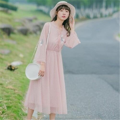 New Vintage Women dress Flare Sleeve Chiffon Dresses Literature Art In Long Gentle Wind Girls Dresses Grapefruit Powder T329