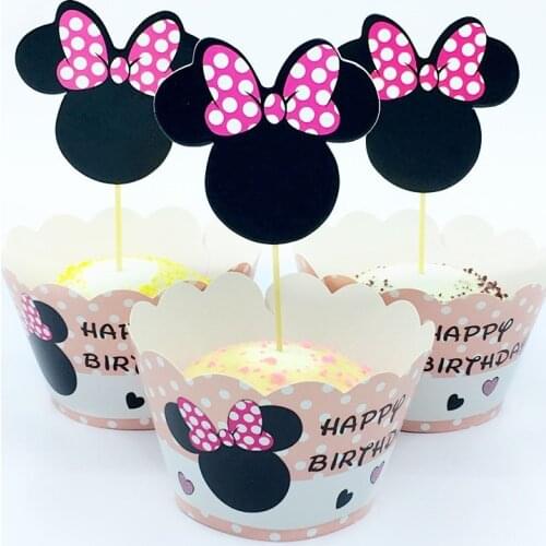 12pcs Wrappers + 12pcs Toppers Disney Minnie Mouse Paper Cupcake Cake Toppers Wrappers Kids Birthday Party Decoration Supplies