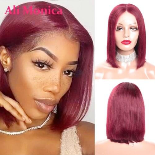 13x4 Straight Burgundy Bob Lace Frontal Wigs 99J Lace Front Human Hair Wigs Brazilian Pre plucked 150% Density For Black Woman