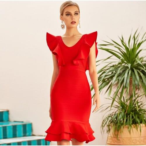 2020 New Autumn Women Red Ruffles Bodycon Bandage Dress Sexy Sleeveless Mini Club Celebrity Evening Runway Party Dress
