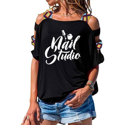 Beauty Salon Nail Art Manicure Pedicure T-Shirt Women Loose Cotton Short Sleeve Female T-shirts Fashion Hollow Out Shoulder Tees