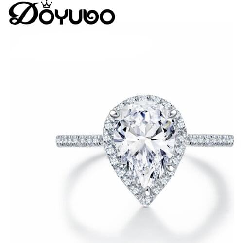 DOYUBO Womens Pure Silver 2 Carat Pear Shape Sona Diamond Engagement Ring Lover Silver Wedding Rings Jewelry Finger Ring VB429