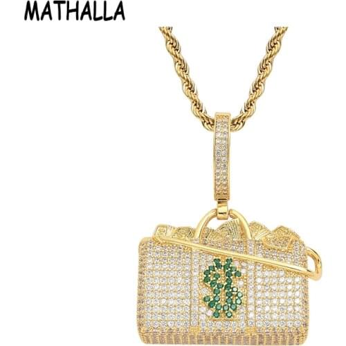 MATHALLA Iced Out Bling Bling Hiphop Dollar Sign Bag Charm Pendant Micro Paved CZ Stone Cash Coins Brass Pendant Necklace