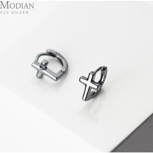 Modian Vintage Smooth Black Cross Hoop Earring for Women Genuine 925 Sterling Silver Simple Earring Korea Style Fine Jewelry
