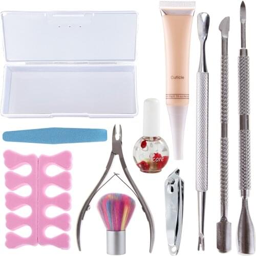 Monja 11 Pcs/Set Nail Art Kit Dead Skin Remove Cuticle Pusher Nail Files Fork Clipper Cleaning Brush Nutrition Oil Manicure Tool
