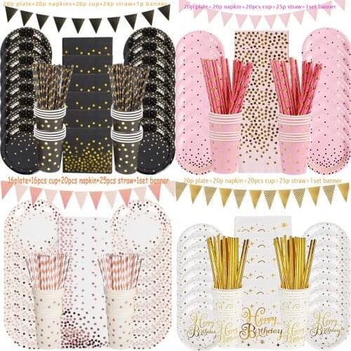 Gold Dot Disposable Tableware Set Cup Plate Napkin Banner Baby 1st Birthday Party Decor Baby Shower Girl Party Supplies