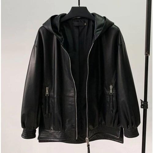 2021 New Spring Leather Womens Hoodie Korean Edition Slim Sheepskin Large Casual Baseball Jacket