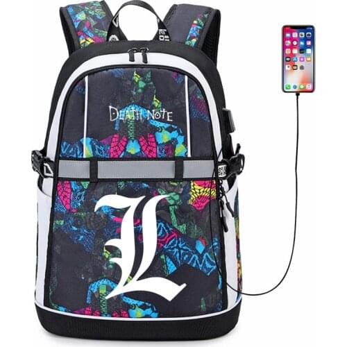 New DEATH NOTE Backpack Cosplay Yagami Light Anime USB BagsMan Women Oxford Reflective Stripe Schoolbag Travel Bags