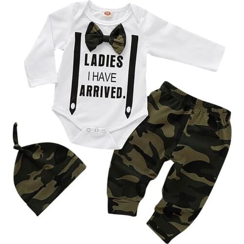 Newborn Baby Boy Clothes Lovely bowtie kids Cotton Bodysuit Tops Long Pants Hat Outfits Clothes Set 0-18M Cute 3PCS Set