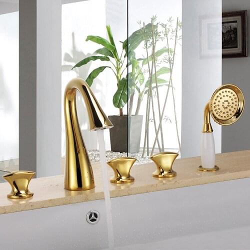 Contemporary gold PVD 5 Holes widespread Bathtub shower Faucet with Hand Shower deck mounted new Swan style