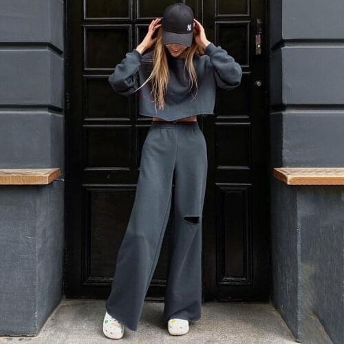 DSMTRC Hole Sweatpants Hoddie and Jogger Tracksuit Sweatsuits for Women Lounge Wear 2021 Autumn Two Piece Set