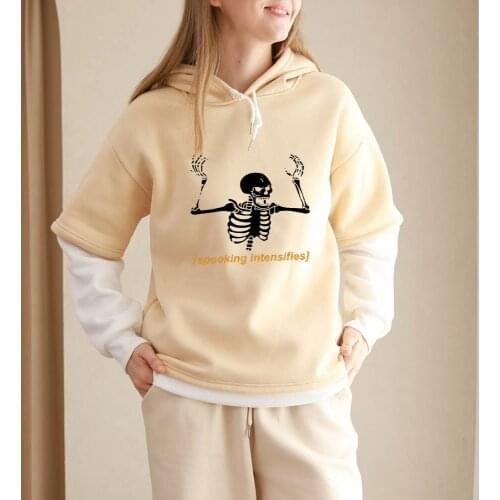 Retro Skeleton Print Harajuku Hooded Sweatshirt Women Hoodies Color Block Long Sleeve Sweatshirts Streetwear Female Top Hot Tops