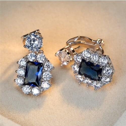 Vintage Female Blue Crystal Clip Earrings Charm rose gold color Earrings For Women Luxury Square Zircon Stone Wedding Earrings