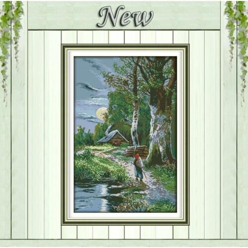 Sunset forest house moon figure scenery paintings counted print on canvas 11CT 14CT kits Cross Stitch embroidery needlework Sets