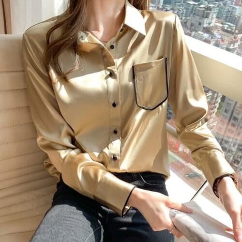 Ladies Silk Satin Shirt Long Sleeve Tops Women Elegant Fashion Lapel Blouse 2021 Spring Office Workwear Button Up Pocket Blouses