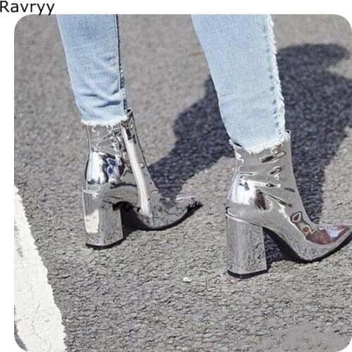Pointed Toe Silver Patent Leather Woman Ankle Boots New Fashion Autumn Winter Short Boot Square Heel Concise Female Party Shoes