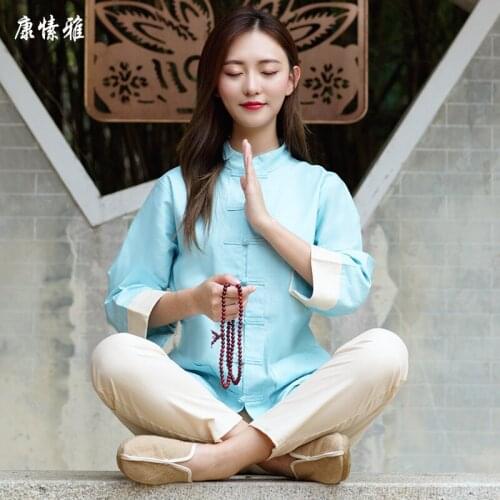 Women Yoga Set Tai Chi Kungfu Meditation Uniforms Linen Chinese Traditionl Loose Wide Yoga Pant Yoga Shirt Casual Outfit Set