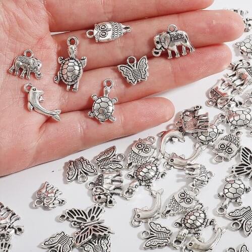 10-30Pcs Small Dolphin Owl Elephant Butterfly Tortoise Ancient Silver Plated Charms Pendant Beads For Jewelry Finding Making DIY