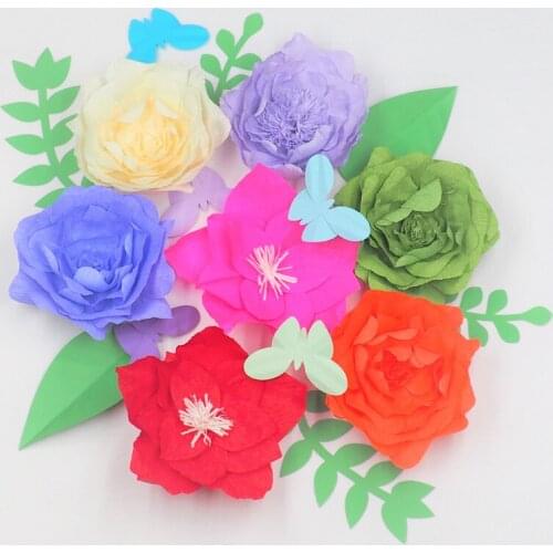 2018 Giant Crepe Paper Flowers Backdrop 7PCS+Leaves 6PCS+Butterflies 5pcs For Wedding & Event Decorations Baby Nursery Decor