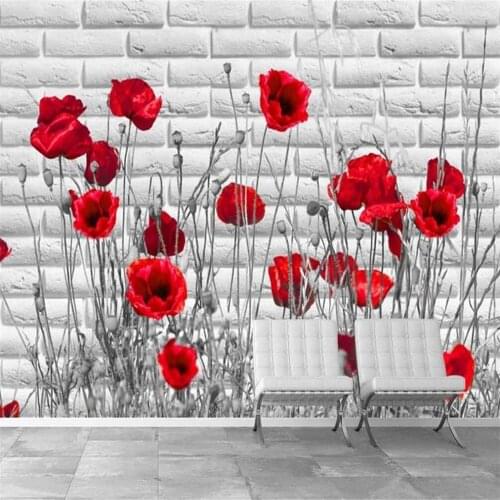 Milofi custom 3D wallpaper mural black and white retro brick wall poppy flower background wall decoration painting wallpaper