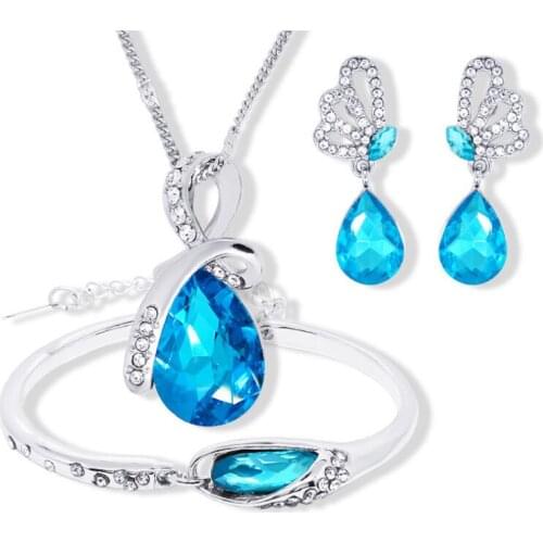 925 sterling silver necklace earrings bracelet, ladies wedding Fine jewelry set water drops blue crystal pendant heart S0149