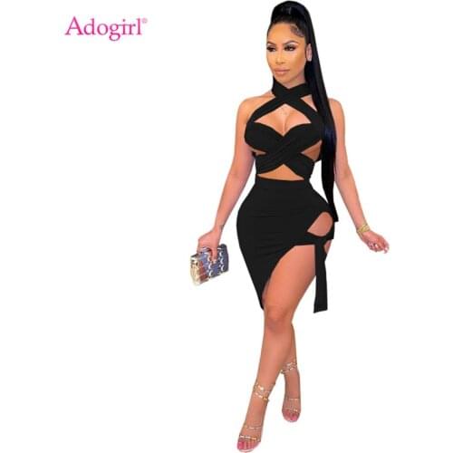 Adogirl Women Solid Cross Hollow Out Halter Lace Up Mini Dress Sexy Sleeveless Backless Bodycon Club Party Vestidos Drop Ship