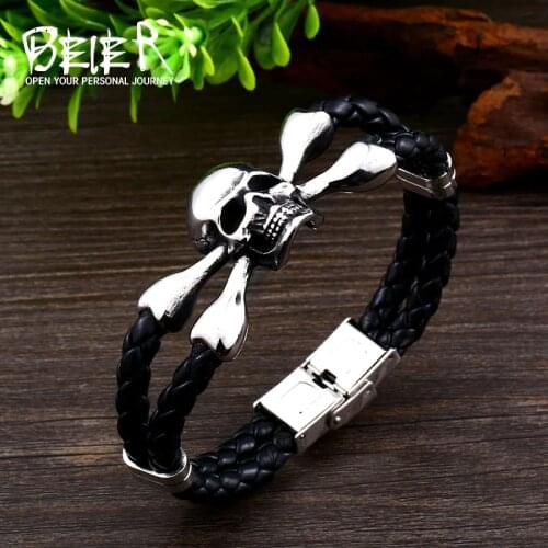 Beier 316L stainless steel Punk Skull Cowhide Bracelet Marine Captain Rock High Quality Jewelry LLBC-L051