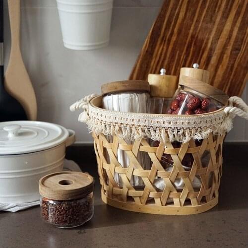 Nordic Wood Woven Portable Storage Basket Kitchen Organizer Picnic Fruit Bread Basket Small Rattan Desktop Basket Decor