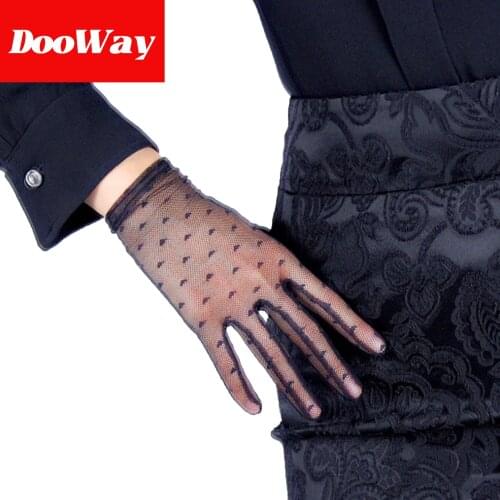 DooWay Black Sexy Short Lace Gloves Polka Tulle Semi Sheer Wrist Wedding Gloves for Women Girls Touchscreen