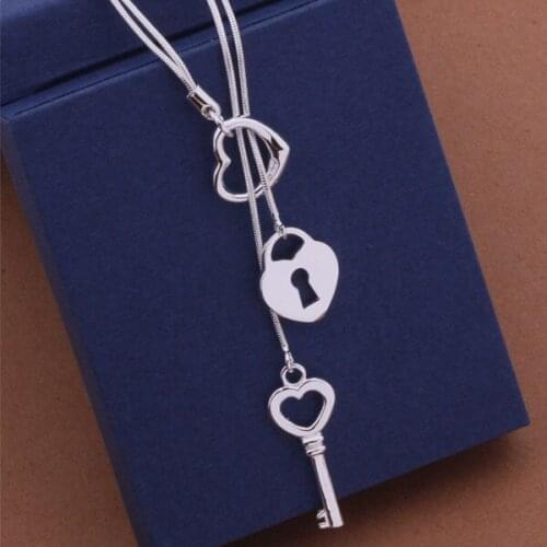 Hot 925 Sterling Silver Necklace fashion jewelry pendant Heart shaped key lock Necklace Factory wholesale quality gifts