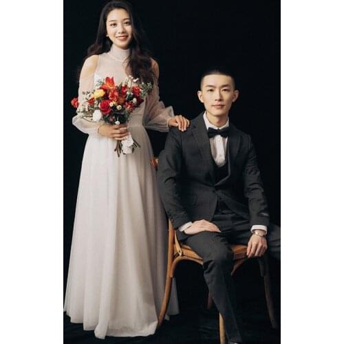 KAUNISSINA Simple Tull A-Line Wedding Dresses Mesh Long Sleeve Bridal Dress Vestido De Novia Women Foor Length Wedding Gowns