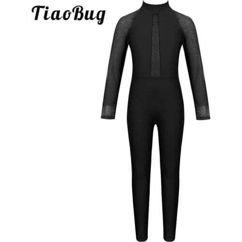 Kids Girls Mesh Long Sleeves Mock Neck Zippered Dancewear Ballet Gymnastics Leotard Jumpsuit Dance Costume Sports Gym Unitards