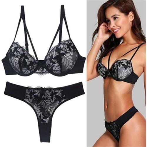 Womens Thong Sexy Underwear Set Black Bra Women Lingerie Set Lace Embroidery Push up Bra And Panties Sets Deep V Gather