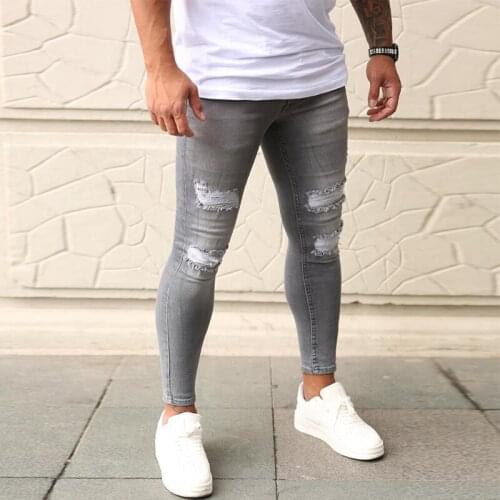 Men Jeans Skinny Stretch Pencil Pants Ripped Hole Distressed Full Length Plus Size Denim Trousers Solid Grey Jogging pants